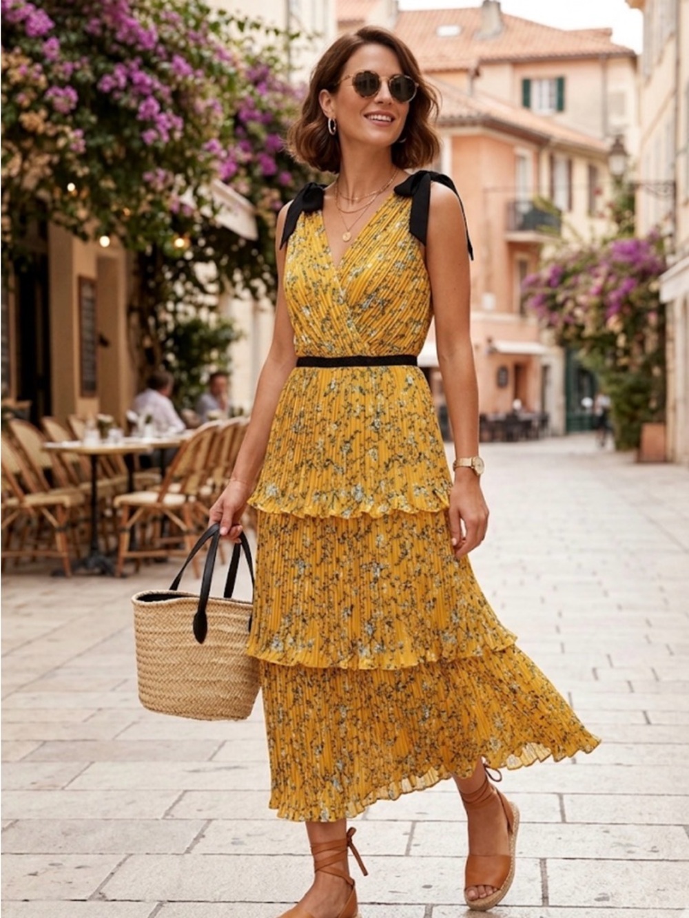 Lulu's Yellow Floral Tiered Midi Dress with Black Tie Straps Size S NWOT